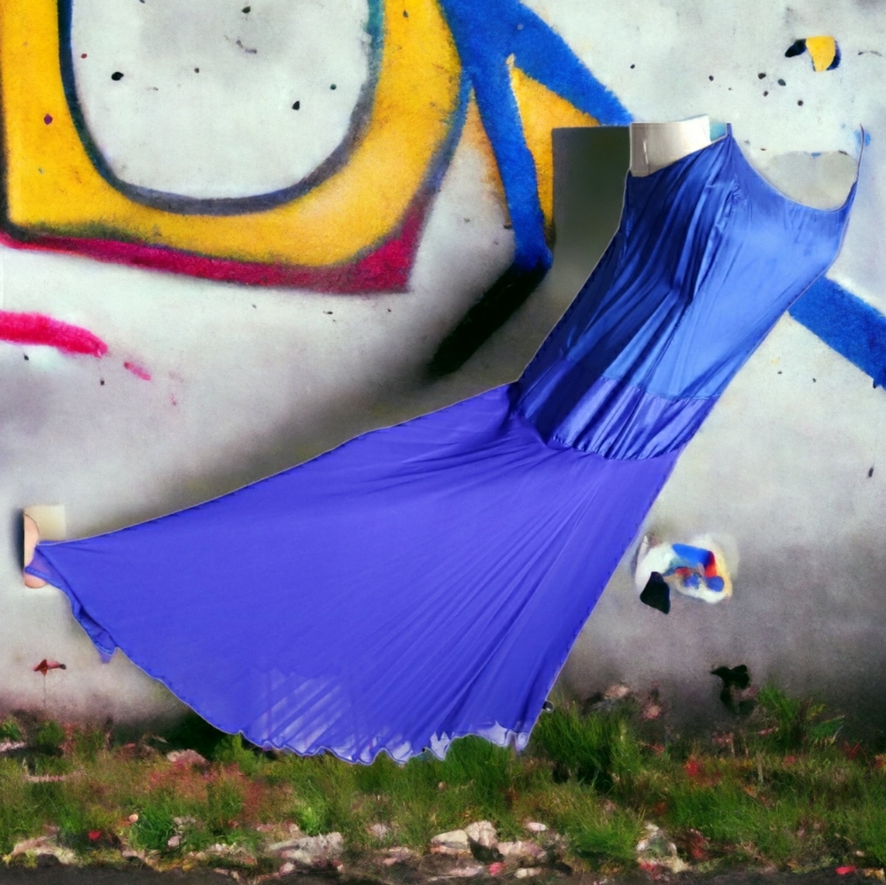 Vtg Maxi Slip Dress Flowy Royal Blue Silk Y2K Pixi Fairy Crepe Sheer Satin Event - Picture 9 of 15
